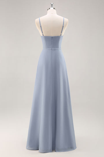 Dusty Blue Chiffon A Line Long Bridesmaid Dress with Ruffles